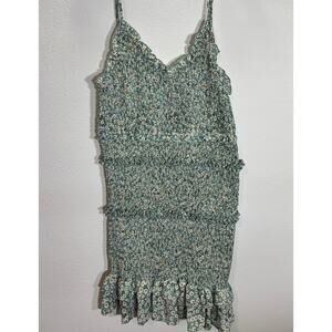 She + Sky Smocked Daisy Mini Dress Green Floral Ruffle Hem Womens L